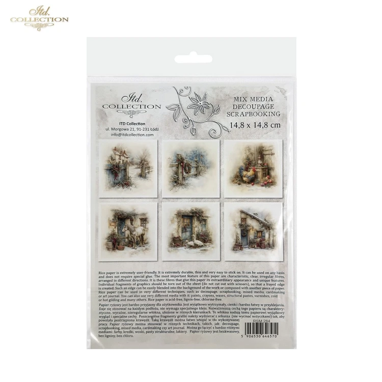 Papier ryżowy mini ITD Collection RSM290, zestaw 6 sztuk, wymiar arkusza 14,8x14,8cm. Motywy: zimowe zagrody, wiejskie podwórka, płotki, dekoracje z gałązek iglastych, jabłek i czerwonych kokard, biały koń, gęsi, kogut.