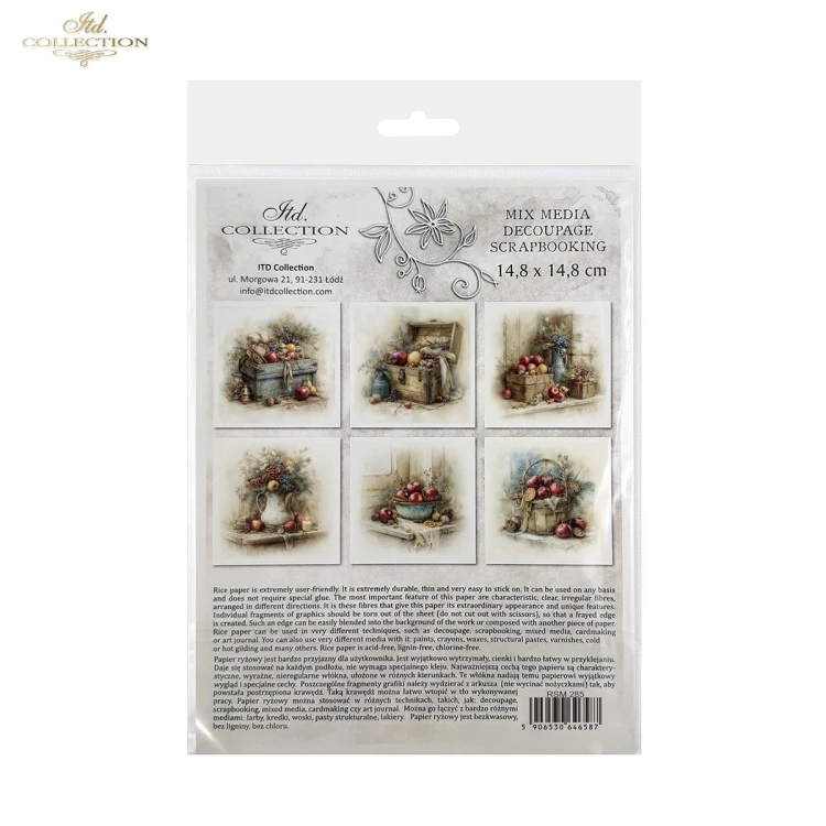 Papier ryżowy mini ITD Collection RSM290, zestaw 6 sztuk, wymiar arkusza 14,8x14,8cm. Motywy: drewniane skrzynki, kosze i szkatułki wypełnione czerwonymi jabłkami, winogronami, suszonymi plasterkami cytrusów oraz gałązkami iglastymi.