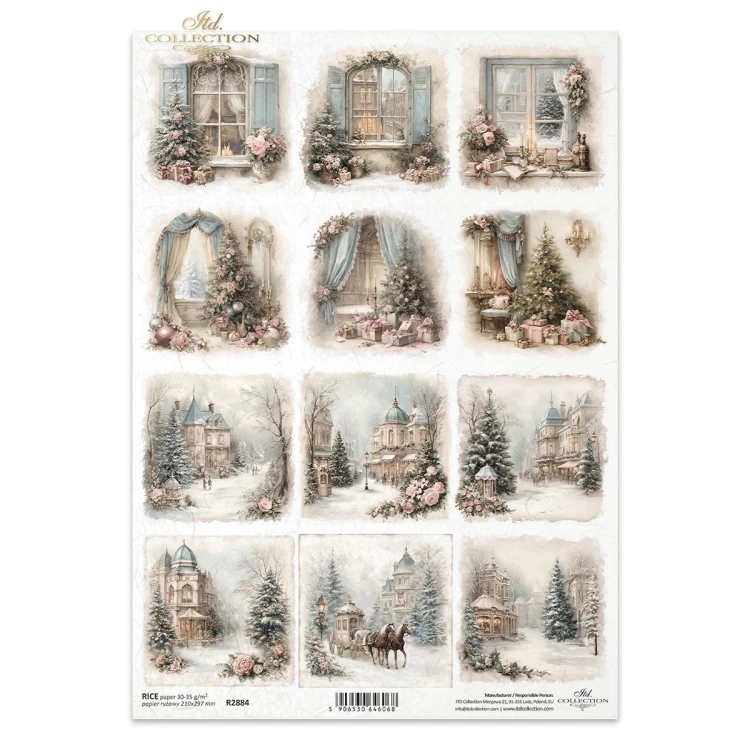 Papier ryżowy ITD Collection R2884, format A4. Dwanaście ilustracji: wnętrza zdobione kwiatami i choinkami, eleganckie kamienice skąpane w śniegu i zimowe uliczki  Idealny do decoupage, mixmedia, handmade i DIY.