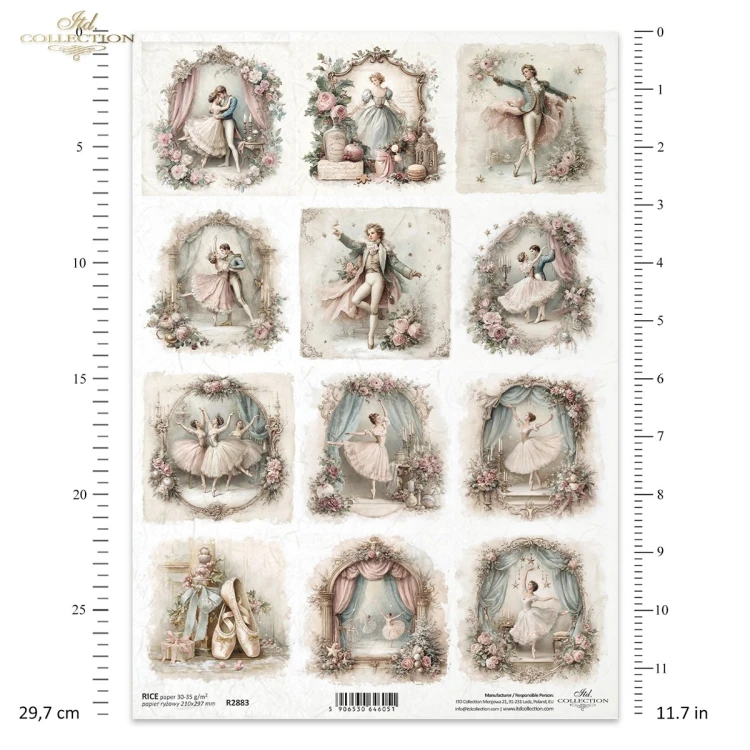 Papier ryżowy ITD Collection R2883, A4 - baletnica i pałacowy tancerz, baletki, dwanaście ilustracji