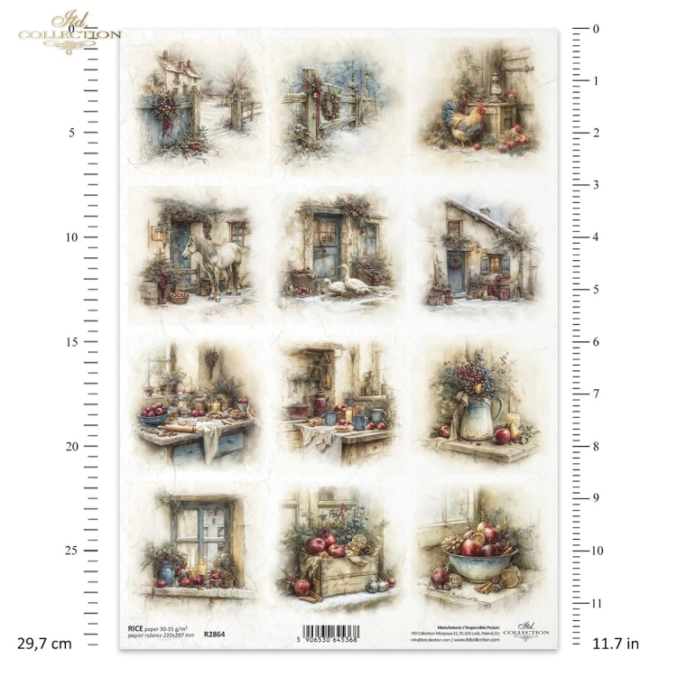 Papier ryżowy ITD Collection R2864, A4 - zimowa zagroda, święta