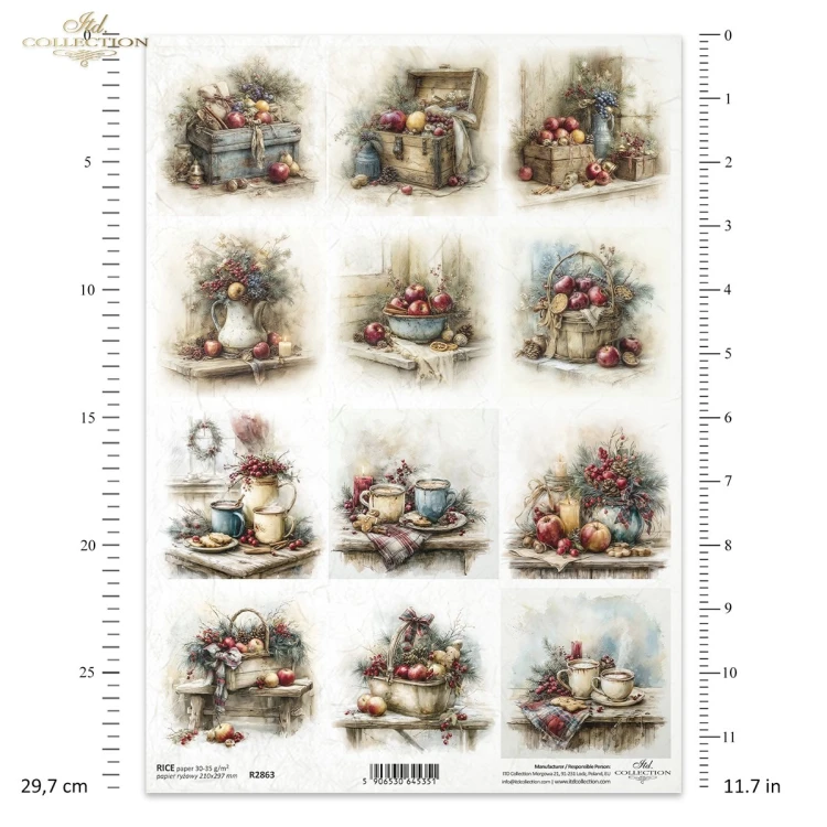 Papier ryżowy ITD Collection R2863, A4 - świąteczne aranżacje, owocowe kosze