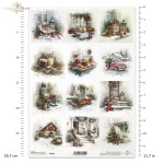 Papier ryżowy ITD Collection R2862, format A4 - świąteczne aranżacje, łyżwy, sanki, auto, ośnieżone ganki, kosze z jabłkami.