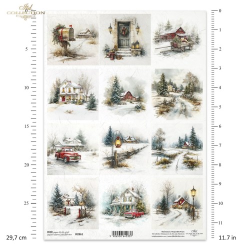 Papier ryżowy ITD Collection R2861, format A4. Motywy grafik: zimowe widoki, ośnieżone choinki, płotki, latarnie, domki, auto. Idealny do decoupage, mixmedia, handmade i DIY.