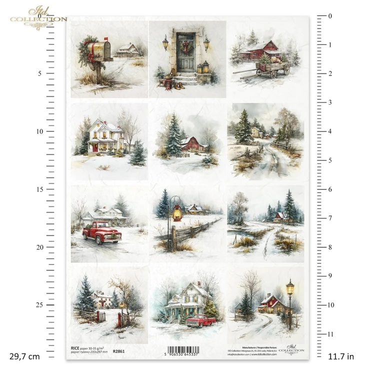 Papier ryżowy ITD Collection R2861, format A4. Motywy grafik: zimowe widoki, ośnieżone choinki, płotki, latarnie, domki, auto. Idealny do decoupage, mixmedia, handmade i DIY.