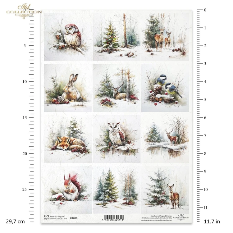 Papier ryżowy ITD Collection R2859, A4 - zimowe widoki ze zwierzętami, dwanaście ilustracji.