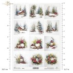 Papier ryżowy ITD Collection R2858, format A4 - widoki zimowe widoki, ośnieżone drzewa i domki, dekoracje świąteczne w donicach, wianki z szyszek, jarzębiny, ostrokrzewu