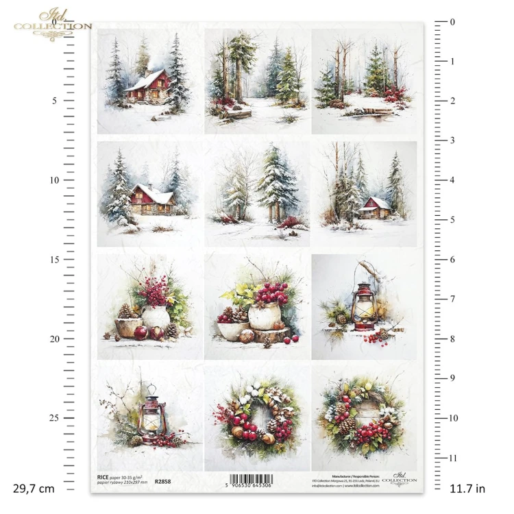 Papier ryżowy ITD Collection R2858, format A4 - widoki zimowe widoki, ośnieżone drzewa i domki, dekoracje świąteczne w donicach, wianki z szyszek, jarzębiny, ostrokrzewu