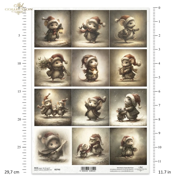 Papier ryżowy ITD Collection R2740, A4 - świąteczne myszki, dwanaście grafik