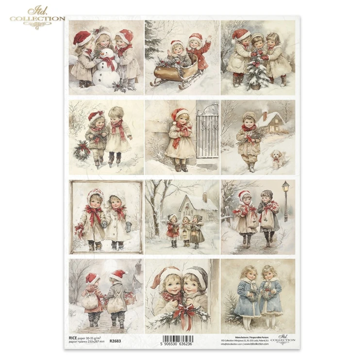 Papier ryżowy ITD Collection R2683, format A4. 12 grafik przedstawiających zimowe pejzaże, ośnieżone chatki, drzewa, mostki, płoty. Idealny do decoupage, mixmedia, handmade i DIY.