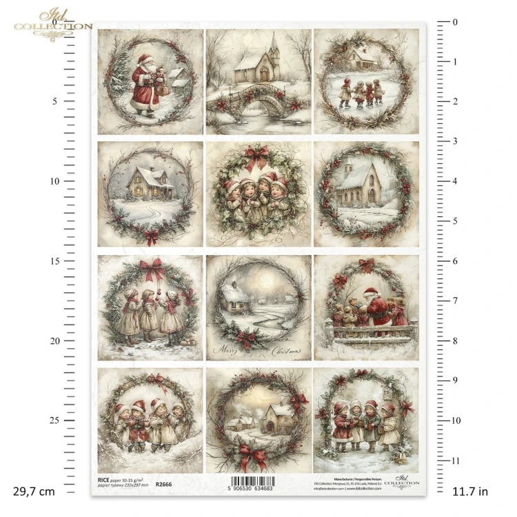 Papier ryżowy ITD Collection R2666, A4 - świąteczne klimaty, dzieci, Mikołaj, zima