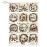 Papier ryżowy ITD Collection R2666, format A4. 12 grafik przedstawiających Świętego Mikołaja, kolędujące dzieci, zaśnieżone domki, kościółki oraz świąteczne krajobrazy.  Idealny do decoupage, mixmedia, handmade i DIY.