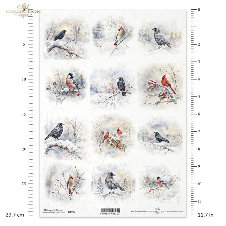 Papier ryżowy ITD Collection R2490, A4 - ptaki w zimowych sceneriach
