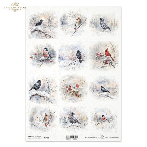 Papier ryżowy ITD Collection R2490, format A4. 12 grafik: ptaki zimą, gile, kardynały, jemiołuszki, kruki siedzące na ośnieżonych gałęziach i pośród gałązek obsypanych czerwonymi owocami. Idealny do decoupage, mixmedia, handmade i DIY.