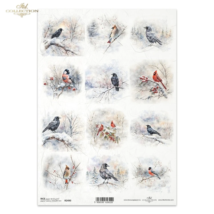 Papier ryżowy ITD Collection R2490, format A4. 12 grafik: ptaki zimą, gile, kardynały, jemiołuszki, kruki siedzące na ośnieżonych gałęziach i pośród gałązek obsypanych czerwonymi owocami. Idealny do decoupage, mixmedia, handmade i DIY.