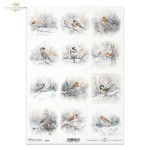 Papier ryżowy ITD Collection R2491, format A4. 12 grafik: ptaki zimą, wróble, sikorki i rudziki siedzące na ośnieżonych gałęziach, zimowy widok. Idealny do decoupage, mixmedia, handmade i DIY.