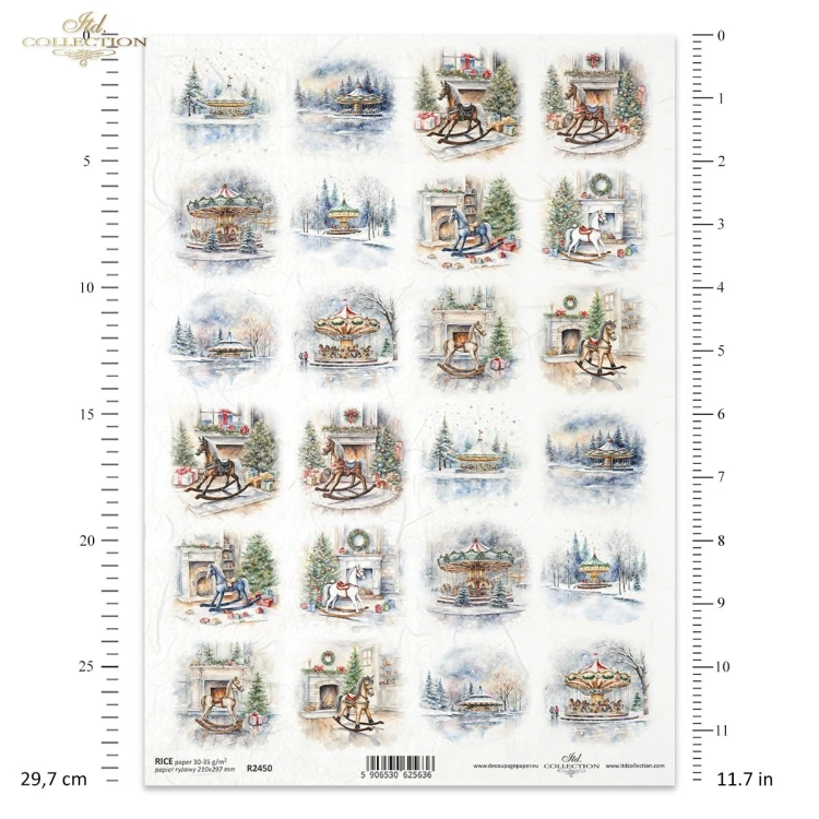 Papier ryżowy ITD Collection R2450, A4 - zimowe karuzele, koniki na biegunach, choinki