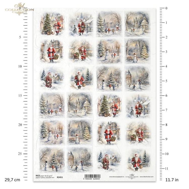 Papier ryżowy ITD Collection R2451, A4 - zimowe scenki, Święty Mikołaj, dzieci, bałwanek