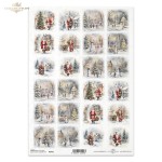 Papier ryżowy ITD Collection R2451, format A4. 24 grafiki z motywem zimowej scenerii ze Świętym Mikołajem, dzieci z bałwankiem, ośnieżone choinki i kamienice. Idealny do decoupage, mixmedia, handmade i DIY.