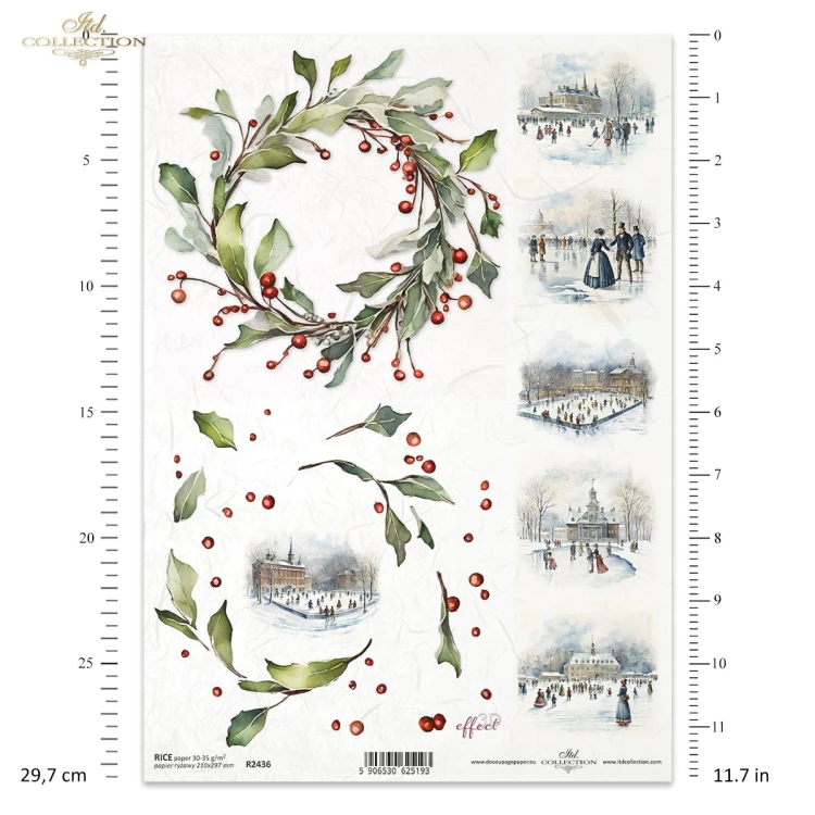 Papier ryżowy ITD Collection R2436, A4 - zimowe widoczki, wianek ostrokrzewu z elementami 3D