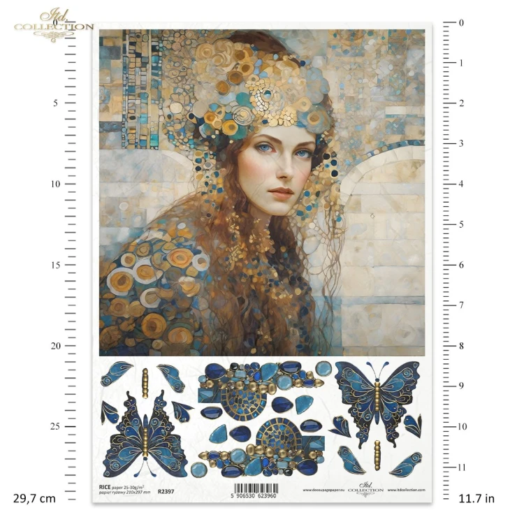 Papier ryżowy ITD Collection R2397, A4 - secesyjny portret damy, motyle elementami 3D