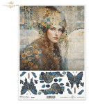 Papier ryżowy ITD Collection R2397, format A4. Motywy: portret damy w stylu secesji, mozaika, motyle z elementami 3D. Idealny do decoupage, mixmedia, handmade i DIY.