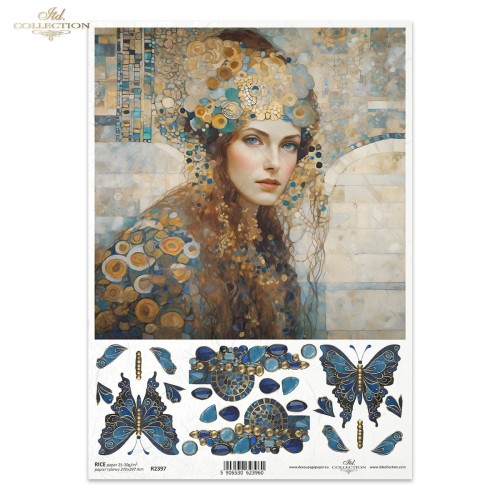 Papier ryżowy ITD Collection R2397, format A4. Motywy: portret damy w stylu secesji, mozaika, motyle z elementami 3D. Idealny do decoupage, mixmedia, handmade i DIY.