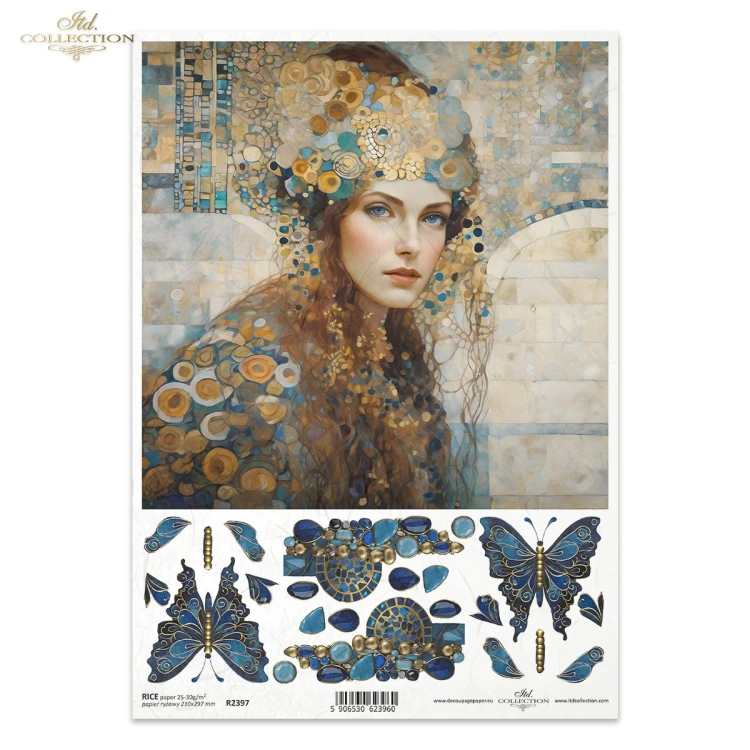 Papier ryżowy ITD Collection R2397, format A4. Motywy: portret damy w stylu secesji, mozaika, motyle z elementami 3D. Idealny do decoupage, mixmedia, handmade i DIY.