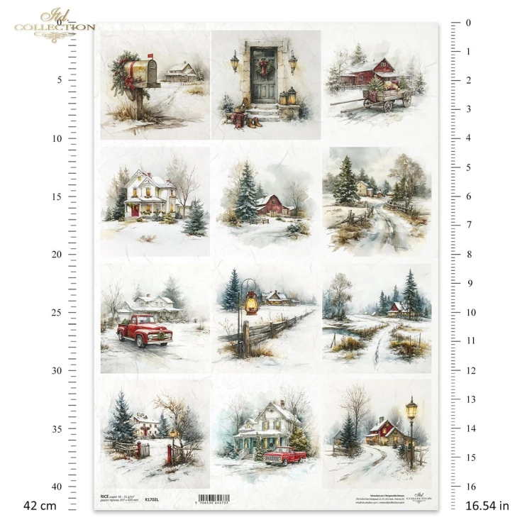 Papier ryżowy ITD Collection R1702L, A3 - zimowe scenki, dróżki, płotki, domy, choinki