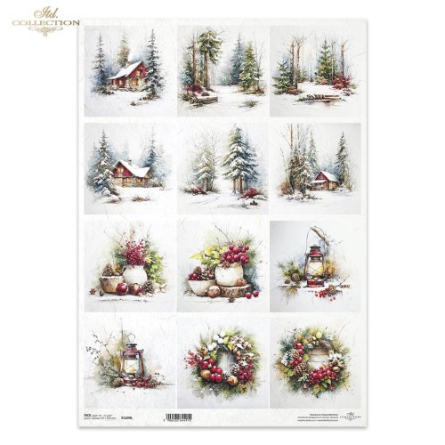 Papier ryżowy ITD Collection R1699L, format A3. Dwanaście ilustracji: wiejskie zimowe widoki, domki, świerki, świąteczne dekoracje, wianki, ostrokrzew. Idealny do decoupage, mixmedia, handmade i DIY.