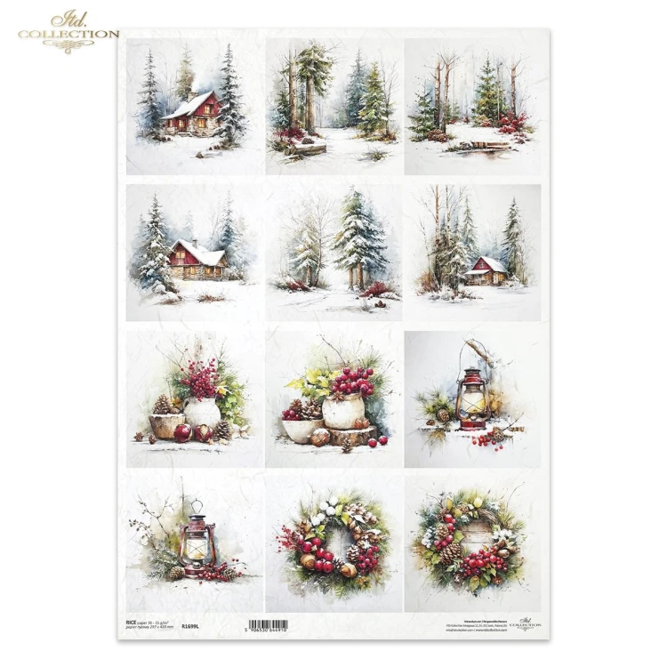 Papier ryżowy ITD Collection R1699L, format A3. Dwanaście ilustracji: wiejskie zimowe widoki, domki, świerki, świąteczne dekoracje, wianki, ostrokrzew. Idealny do decoupage, mixmedia, handmade i DIY.