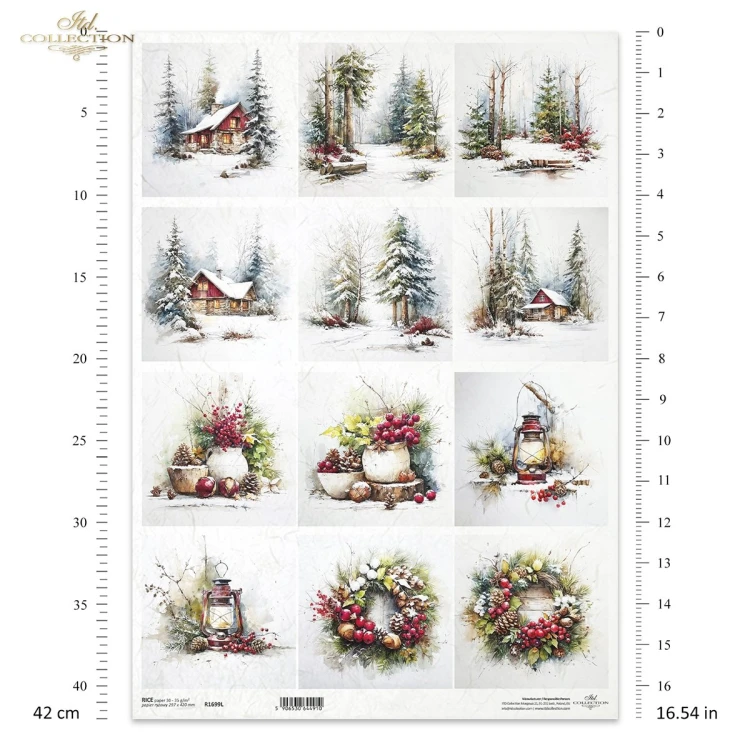 Papier ryżowy ITD Collection R1699L, A3 - zimowe widoki, świąteczne dekoracje, wianki, ostrokrzew