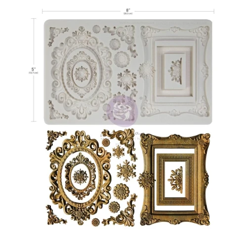Foremka silikonowa do odlewów Prima Finnabair Frosty Gears. Wymiary 20x13cm. Motyw 4 dekoracyjne ramki, ornamenty i śnieżne dekory. Idealna do odlewów z żywicy, glinki, masy. Posiada atest spożywczy. Kod produktu 951603.