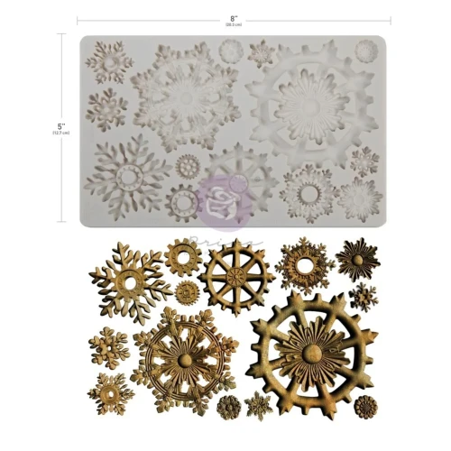 Foremka silikonowa do odlewów Prima Finnabair Frosty Gears. Wymiary 20x13cm. Motyw łączący dekoracyjne płatki śniegu z motywem kół zębatych. Idealna do odlewów z żywicy, glinki, masy. Posiada atest spożywczy. Kod produktu 951566.