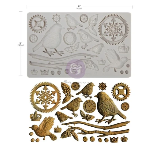 Foremka silikonowa do odlewów Prima Finnabair Mechanical Robins. Wymiary 20x13cm. Wzory: ptaszki, zębatki, gałązki, korony. Idealna do odlewów z żywicy, glinki, masy. Posiada atest spożywczy. Kod produktu 951573.