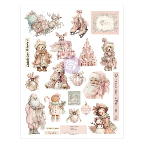 Transfer marki Prima Marketing, kolekcja Christmas Blush. Zestaw zawiera 1 arkusz w formacie A4 oraz drewienko do aplikacji. Motywy: dzieci, misie, sarenka, Święty Mikołaj, ozdoby choinkowe, łyżwy, bajkowy pałacyk. Kod producenta:982669