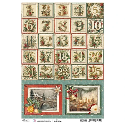 Papier ryżowy Ciao Bella Merry & Bright Advent Day, format A4. Zawiera motyw kalendarza adwentowego, cyfry, dwa obrazki świąteczne. Idealny do decoupage, mixmedia, handmade i DIY. Kod producenta: CBRP609