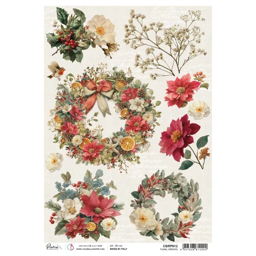 Papier ryżowy Ciao Bella Merry Bright Floral Wreath, format A4. Wzór: wianki świąteczne z poinsecji, róż, gałązki eukaliptusa, ostrokrzew, suszone plastry pomarańczy, ptaszek rudzik. Idealny do decoupage, mixmedia, handmade i DIY. Kod producenta: CBRP612