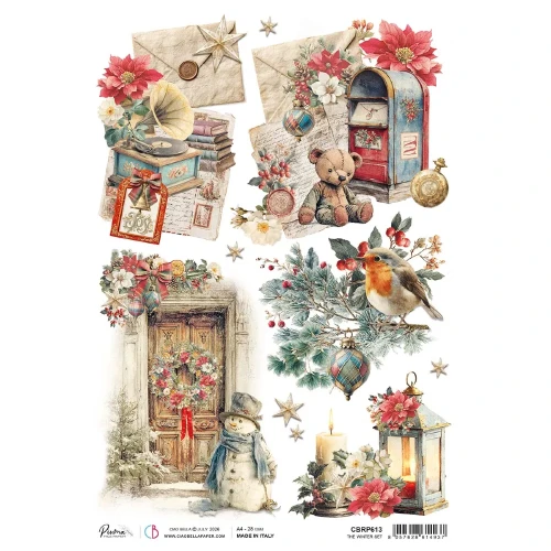 Papier ryżowy Ciao Bella Merry Bright The Winter Set, format A4. Wzór: świąteczne scenki, miś, skrzynka pocztowa, latarenki, gramofon, listy, drzwi z wieńcem, ptaszek rudzik. Idealny do decoupage, mixmedia, handmade i DIY. Kod producenta: CBRP613