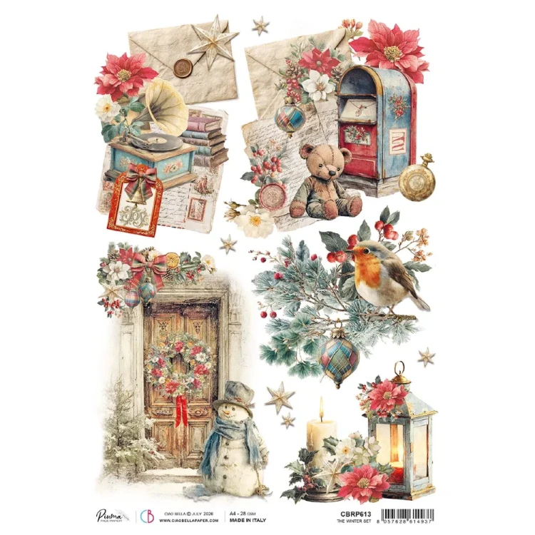 Papier ryżowy Ciao Bella Merry Bright The Winter Set, format A4. Wzór: świąteczne scenki, miś, skrzynka pocztowa, latarenki, gramofon, listy, drzwi z wieńcem, ptaszek rudzik. Idealny do decoupage, mixmedia, handmade i DIY. Kod producenta: CBRP613