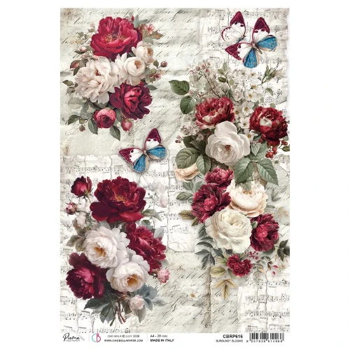 Papier ryżowy Ciao Bella Merry Bright Burgundy Blooms, format A4. Wzór: pismo, kwiaty bordowo-kremowe, piwonie, róże pismo, nuty, motyle. Idealny do decoupage, mixmedia, handmade i DIY. Kod producenta: CBRP616