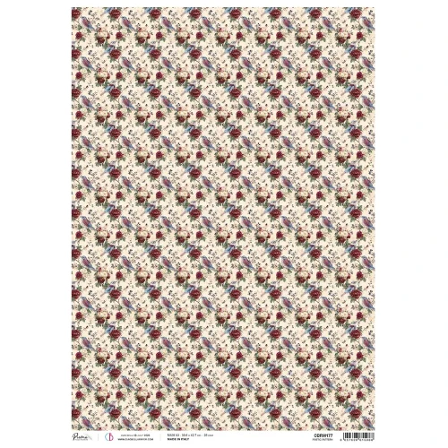 Papier ryżowy Ciao Bella  Bohemian Burgundy Poetic Pattern , format A3. Wzór: tło, tapeta w  stylu wiktoriańskim, niebieskie ptaszki, kwiaty, bordowe piwonie, kremowe róże. Idealny do decoupage, mixmedia, handmade i DIY. Kod producenta: CBRM17