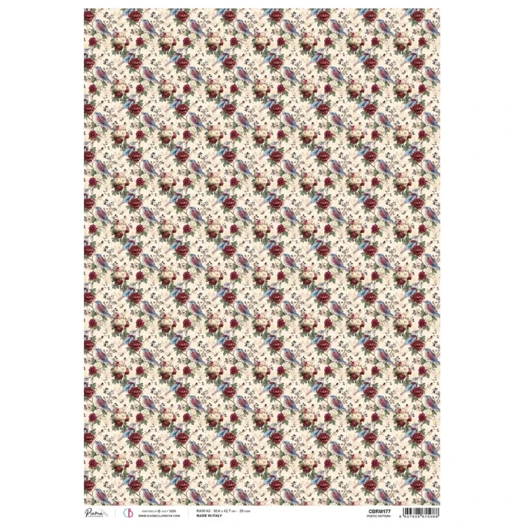 Papier ryżowy Ciao Bella  Bohemian Burgundy Poetic Pattern , format A3. Wzór: tło, tapeta w  stylu wiktoriańskim, niebieskie ptaszki, kwiaty, bordowe piwonie, kremowe róże. Idealny do decoupage, mixmedia, handmade i DIY. Kod producenta: CBRM17