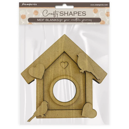Budka dla ptaków, baza z MDF marki Stamperia z serii Crafty Shapes. Zestaw zawiera 8 elementów do samodzielnego zdobienia. Wymiary po złożeniu 13,9 × 13,7 cm. Idealna na dekoracje, zawieszki i projekty DIY.