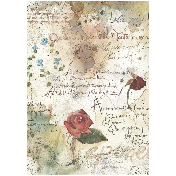 Papier ryżowy Flowers and Poems. Motyw: akwarelowe róże, zapiski, odręczne notatki, rozmyte plamy akwareli.  Format A4, kod produktu DFSA41158. Idealny do techniki decoupage oraz projektów mixmedia, handmade i DIY.