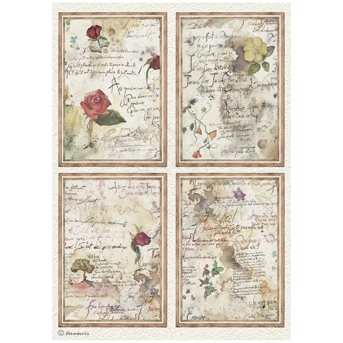 Papier ryżowy Flowers and Poems. Motyw: cztery akwarelowe karty z odręcznymi, zapiskami i kwiatami rozmyte plamy akwareli.  Format A4, kod produktu DFSA41159. Idealny do techniki decoupage oraz projektów mixmedia, handmade i DIY.