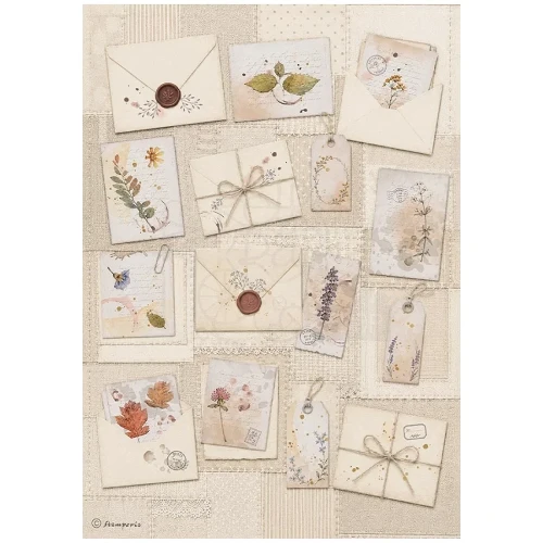Papier ryżowy Flowers and Poems. Motyw:  koperty, karnety, bileciki, akwarelowe ilustracja z zielnika, odręczne zapiski.  Format A4, kod produktu DFSA41161. Idealny do techniki decoupage oraz projektów mixmedia, handmade i DIY.