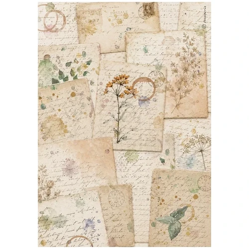 Papier ryżowy Flowers and Poems. Motyw:  botaniczne karty, akwarelowe ilustracje z zielnika, odręczne zapiski.  Format A4, kod produktu DFSA41162. Idealny do techniki decoupage oraz projektów mixmedia, handmade i DIY.