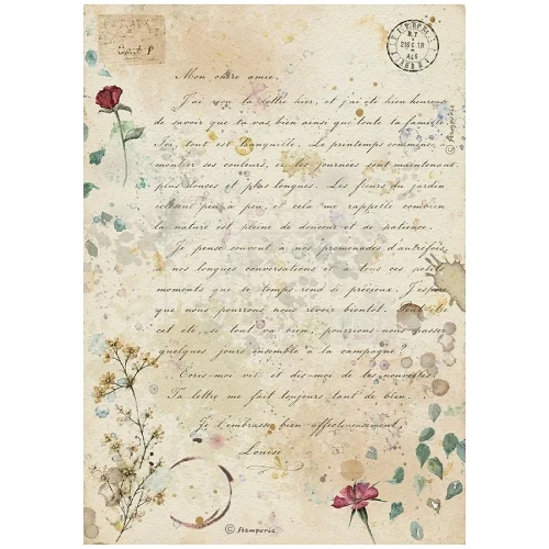 Papier ryżowy Flowers and Poems. Motyw:  romantyczny list, odręczne pismo, akwarelowe kwiaty.  Format A4, kod produktu DFSA41163. Idealny do techniki decoupage oraz projektów mixmedia, handmade i DIY.