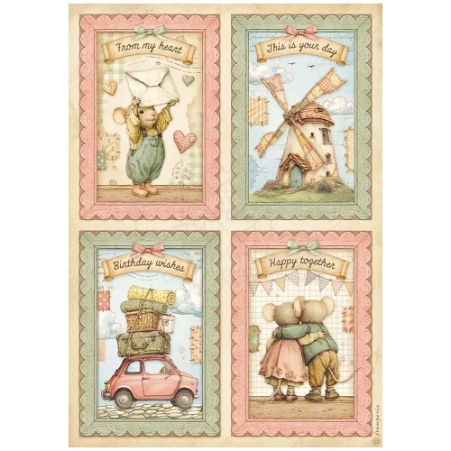 Papier ryżowy Cozy Family. Wzór: cztery bajkowe ilustracje, myszki, samochód, wiatrak, pastelowa kolorystyka.  Format A4, kod produktu DFSA41164. Idealny do techniki decoupage oraz projektów mixmedia, handmade i DIY.